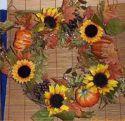 Fall Harvest Floral Wreath Silk Sunflowers Halloween Pumpkin Holiday 