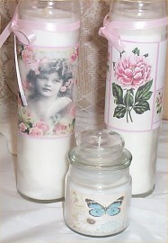 Chic Tall Candles Victorian Girl Cottage Shabby Floral Glass Butterfly Set of 3 