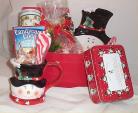 Gift Basket Snowman Holiday Mug Candy Cane Serving Dish Hot Chocolate Cookies 