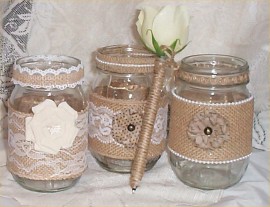 3 Mason Jar Vases Wedding Burlap Lace Bridal Ribbon Rustic Country Farm Pen     